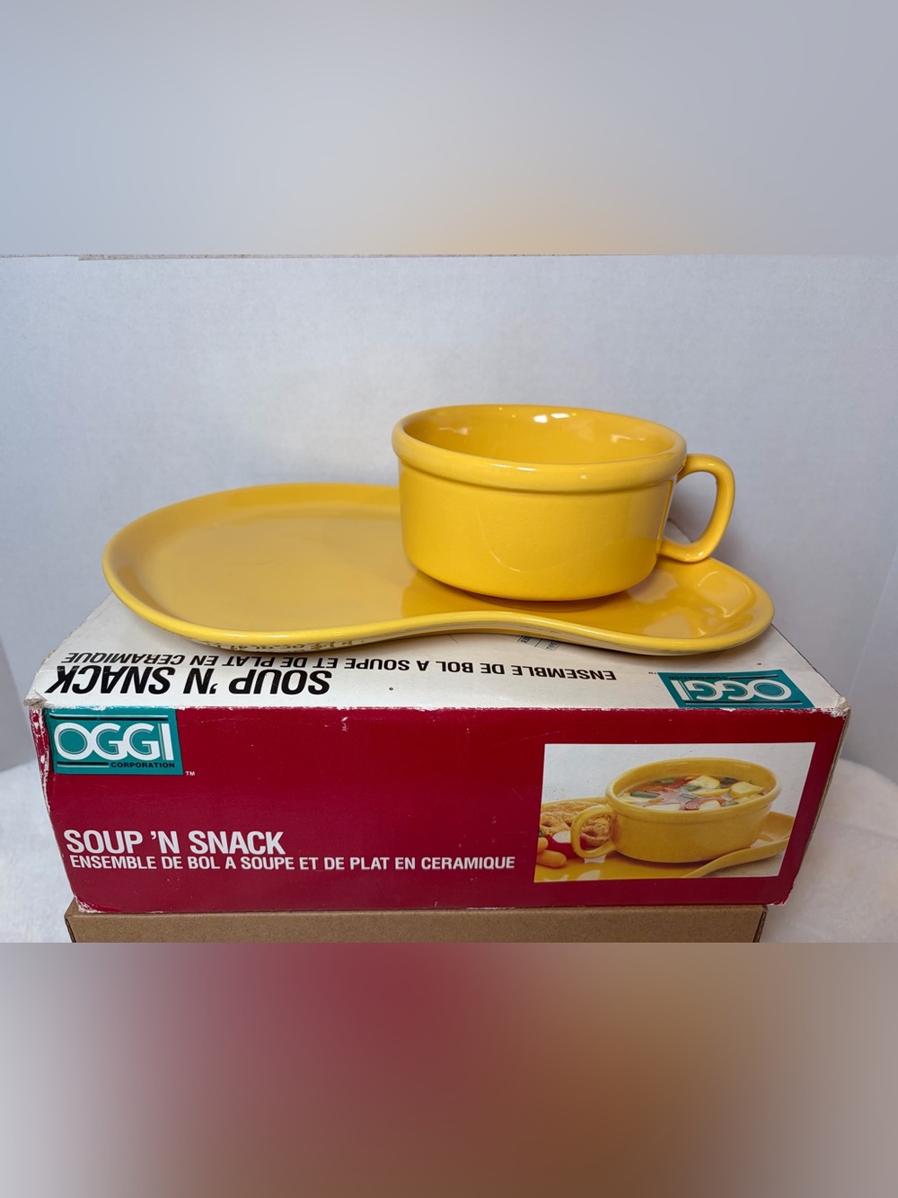 Vintage OGG Soup ’N Snack Ceramic Bowl Plate Set Yellow Retro Kitchen MCM